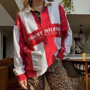 Tommy Hilfiger Sweater Men Large Red White Collared  Pullover Vintage 90s Shirt